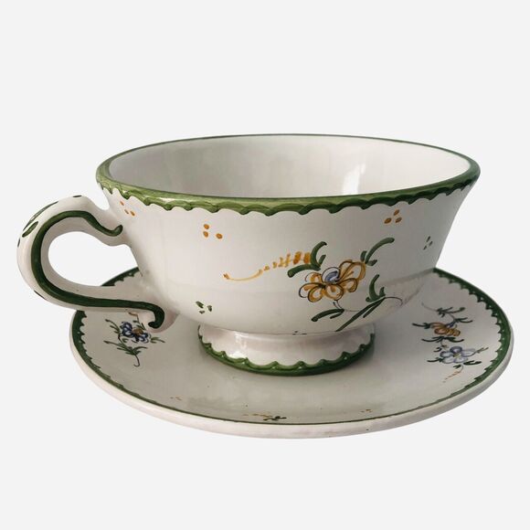 French Pottery Cup and Saucer Hand Painted Birds Signed Atelier du Chateau Set 2 - Picture 6 of 14